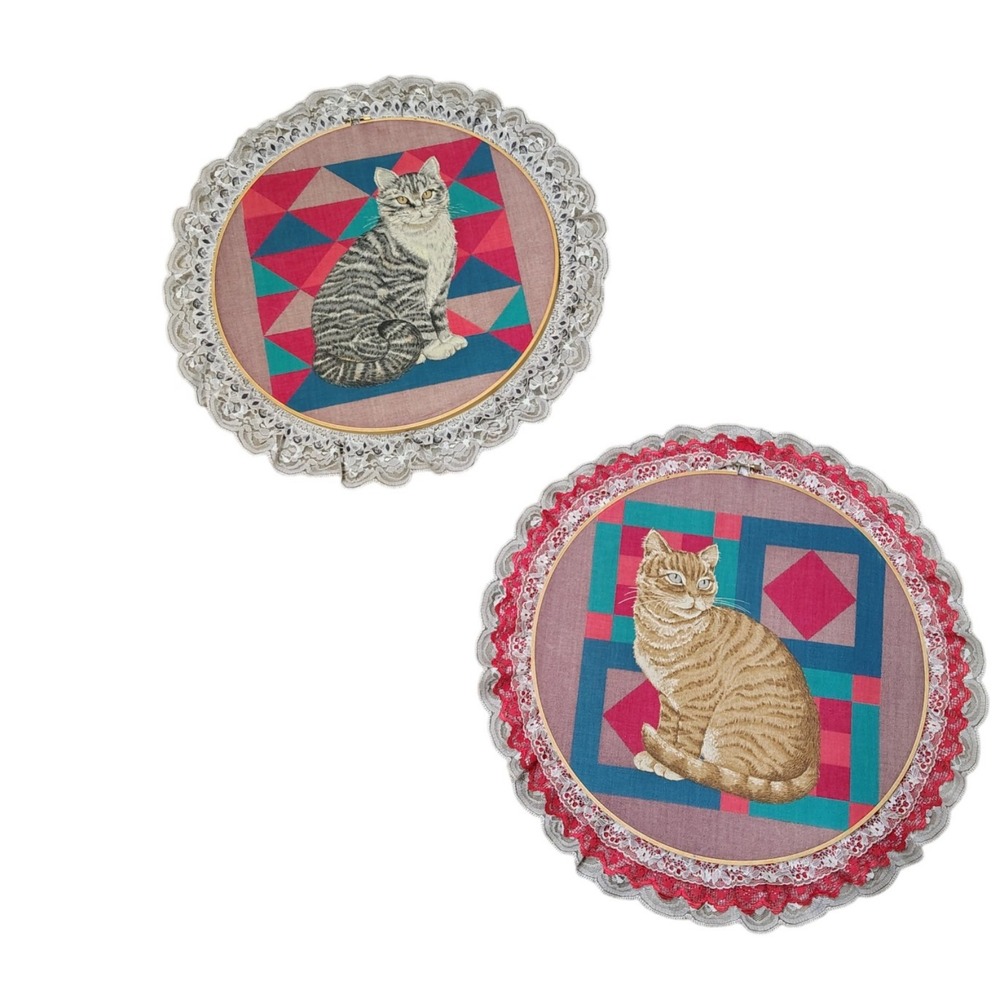 Vintage Cat Cottagecore Wall Decor Set Fabric Lace Embroidered Look Handmade Art